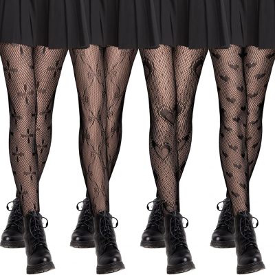 4 Pairs Heart Tights Fishnet Stockings for Women Lace Patterned Tights Black Fis