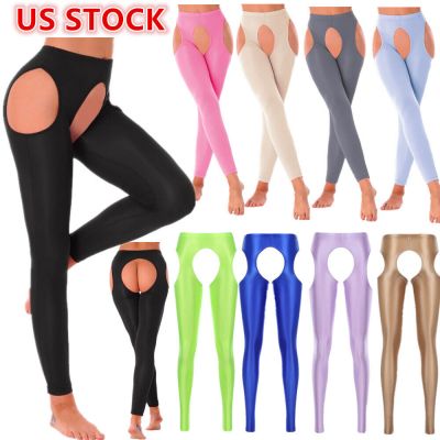 Womens Oil Shiny Hollow Out Trousers Opaque Footless Suspender Tights Yoga Pants