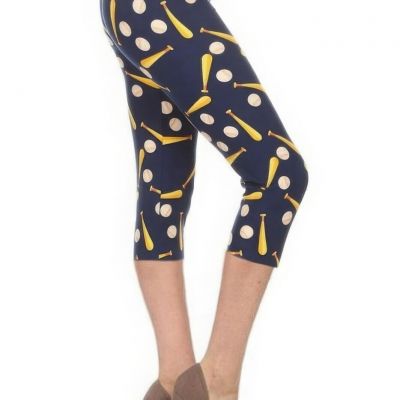 Baseball Printed, High Waisted Capri Leggings In A Fitted Style With An Elastic