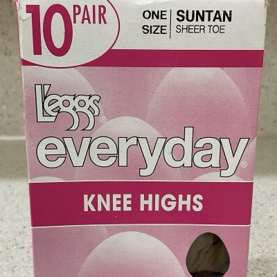 Leggs Everyday Knee Highs One Size Suntan Sheer Toe 10 Pair Sealed Box NOS