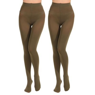 2 Pairs Women's Solid Color Tights 80D Soft Opaque Microfiber Tights Olive Gr...