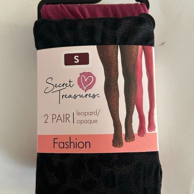 Secret Treasures Women's Wine Red Opaque & Black Leopard 2 Pack Tights Size S