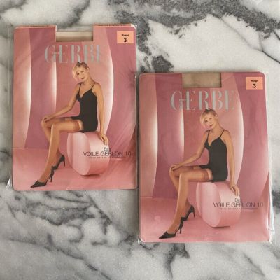 NWT GERBE Thigh High Stockings 2 Pairs Garter 10 Deniers Nuage Tan Size 3 France