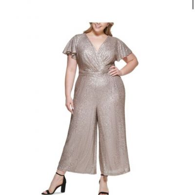 Eliza J Plus Size Flutter-Sleeve Wide-Leg Jumpsuit - Taupe 22W