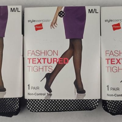 Quantity of 3 Hanes Fashion Fishnet Textured Tights Non-Control Black Size M / L