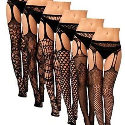 6 Pairs Women Pantyhose Suspender Stocking Fishnet Thigh Medium-Large Black