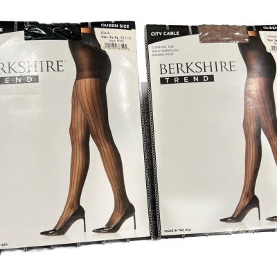 Berkshire STRIPPED #8028 city cable Queen 3/4x Pantyhose, 2 Pair:  1 Blk, 1 Tan