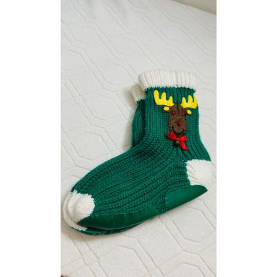 Dillard's CROCHETED CHRISTMAS Reindeer STOCKING Cozy Socks White/Green