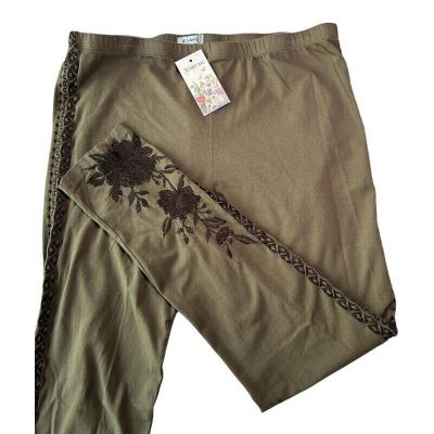 $120 NWT Johnny Was Vintage Magdalene Leggings Large Green Bold Black Embroidery