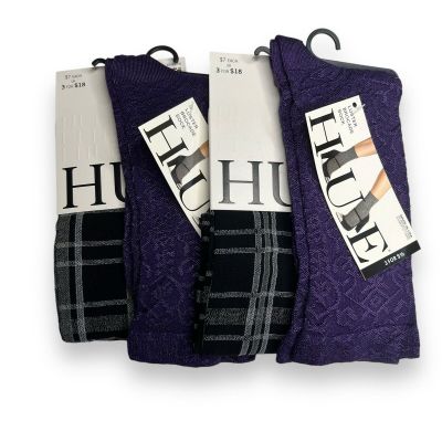 HUE Black Plaid Knee Hi Aubergine Luster Brocade Variety One Size 4 Pairs