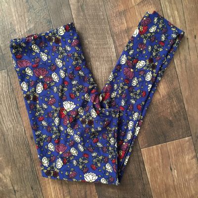 Lularoe Tall & Curvy Leggings Bright Royal Blue Background Purple Cream Floral