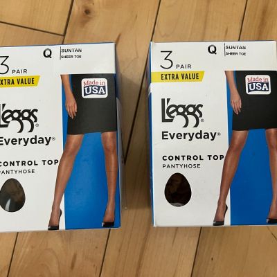 Qty 2 (3 Pair) Leggs Everyday Control Top Pantyhose Size Q  - Suntan - Sheer Toe