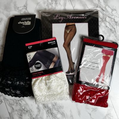 Lot Of 4 Thigh High Stockings Lace Top Socks  Crotchless Pantyhose Nylons S/M