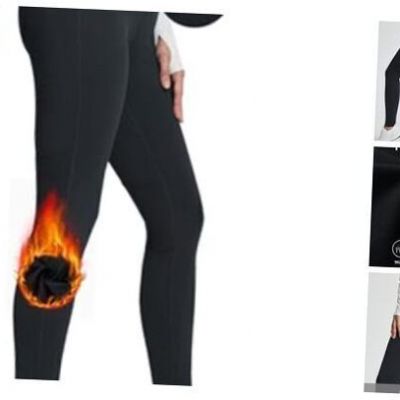 Women's Fleece Lined High Waisted Workout Leggings Tummy Control Small Black