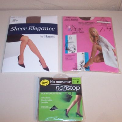 3 VTG Lot PANTYHOSE HANES SHEER ELEGANCE, PARK AVE, NO NONSENSE CONTROL TOP C/CD