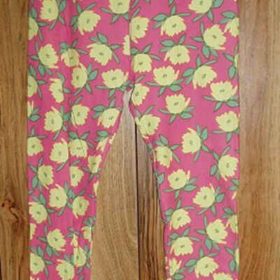 Lularoe One Size Leggings Bright Pink with Bright Yellow Flowers Green Leaves