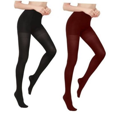 Black Tights for Women, Opaque Tights with Control Top X-Large Burgandy