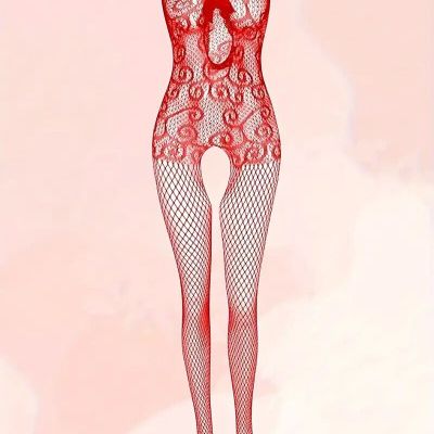 Up to Size 20W New Fishnet w/Bow Lace Jacquard Pattern-Crotchless-Body Stocking