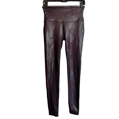 SPANX Faux Leather LEGGINGS size Large Burgundy Wine Red Shiny High Waisted