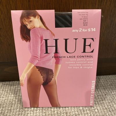 1 PR Hue Sexy Vintage French Lace Panty Control Top Sheer Black Hose Size 1 NIP