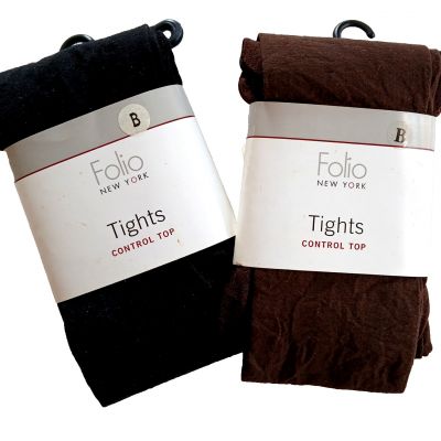 New Two Pair Size B Folio New York Nylon Opaque CONTROL TOP Black & Brown Tights