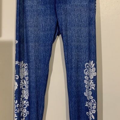 WOMEN'S PLUS SIZE LEGGINGS  JEAN & LACE PRINT SIXE XL  BLUE WHITE