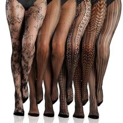 6 Pairs Women Fishnet Thigh High Stockings Waist Tights Striped Medium Black