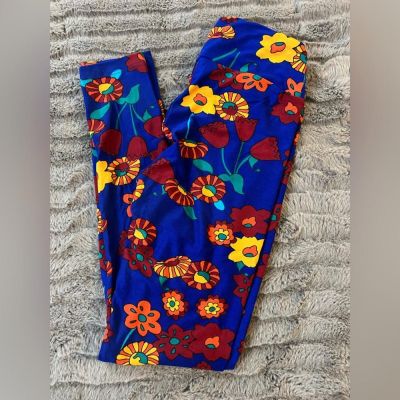 MWOT LuLaRoe One Size OS Leggings Floral Print Blue Maroon Orange Mustard