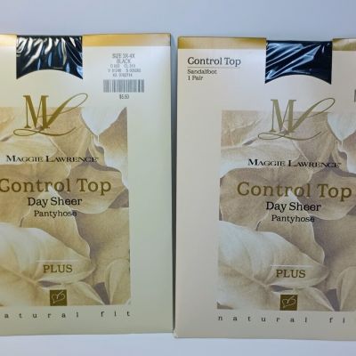 Lot of 2 Maggie Lawrence Control Top Day Sheer Pantyhose Plus 3X 4X Black VTG