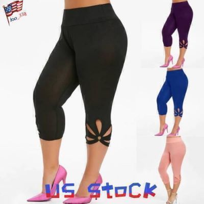 Plus Size Womens Stretch Capri Skinny Pants Ladies Workout Cropped Yoga Trousers