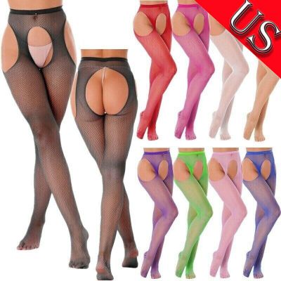 US Womens Hollow Out Fishnet Footed High Suspenders Pantyhose Tights Stockings