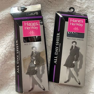 Hanes HerWay All Day Sheer Control Top Pantyhose Off Black & Gray Tall