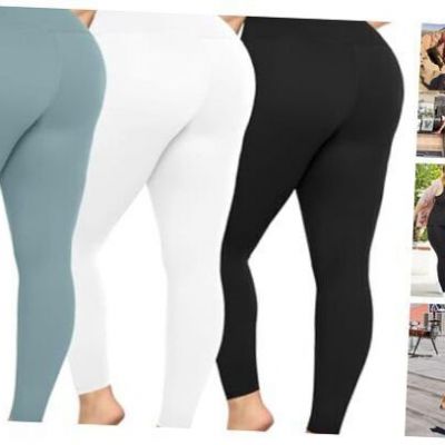 3 Pack Plus Size Leggings for Women -Stretchy-4X X-Large Black/White/Green