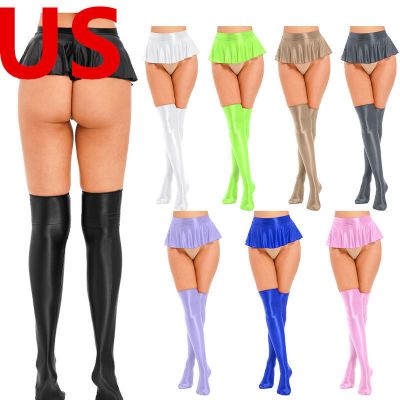 US Womens Mini Skirts w/Thigh High Stockings Set Glossy Ruffle Flared A-Line