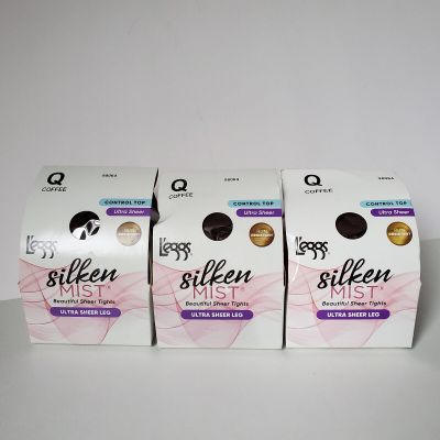 Lot 3 L'eggs Silken Mist Coffee Control Top Run Resistant Tights Size Q Queen *