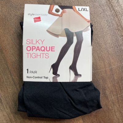 Womens Hanes Black Silky Opaque Pantyhose Tights Size L XL Non Control Top NWT