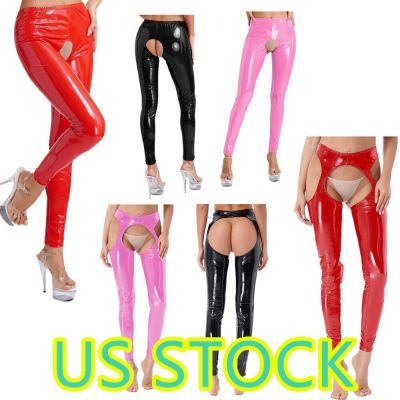 US Womens Pants PVC Leather Wet Look Thigh-High Tights Suspender Long Trousers