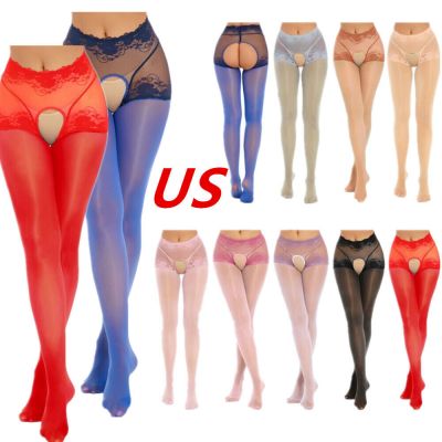 US Womens Oil Glossy Pantyhose Tight Hollow Out Suspender Stockings Hosiery