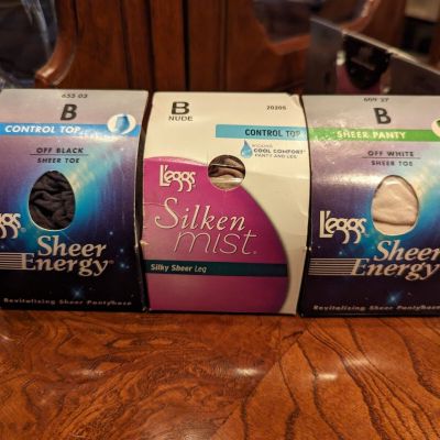 3 Prs L'eggs Sheer Energy & Silken Mist Pantyhose Off Black, Off White & Nude  B