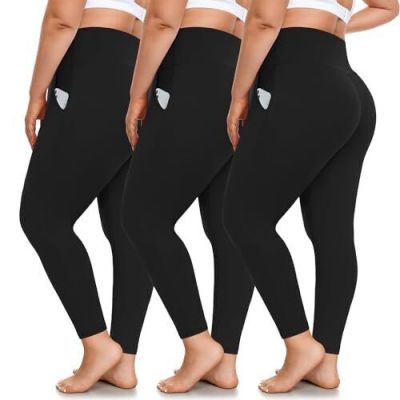 3 Pack Plus Size Leggings with Pockets for 3X-Large Plus 1-black,black,black