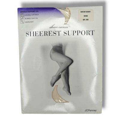 Sheer Caress Sheerest Support Control Top Sandalfoot Pantyhose Queen Short Bone