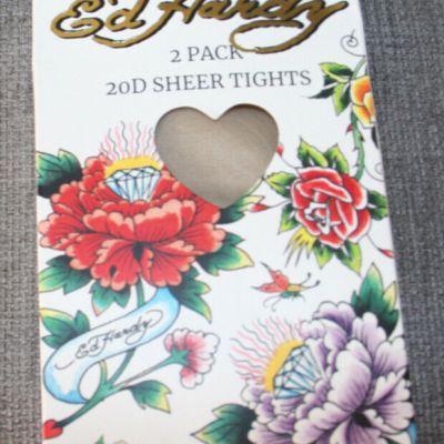 NEW boxed Ed Hardy 2 pack 20D sheer tights pantyhose Size M/L.Solid nude color.