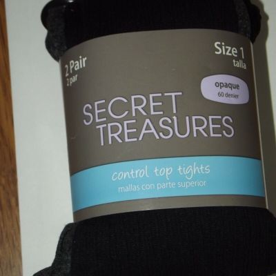 2 Pair Control Top Tights~Secret Treasures~Opaque~Black/Charcoal Heather~NEW