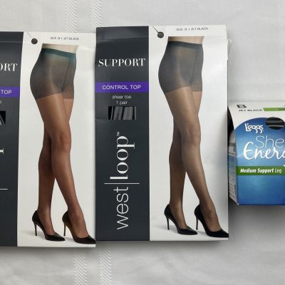 Mixed Lot of  3 West Loop & L’eggs Pantyhose Jet Black Size B