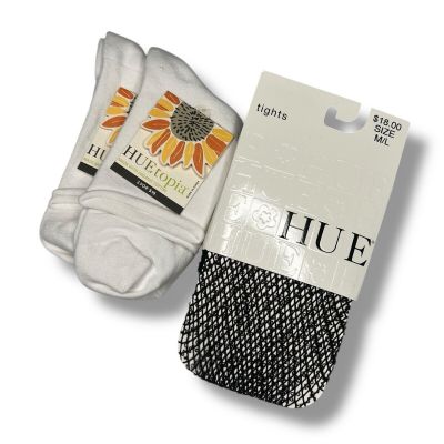 Huetopia Roll Top Shortie Socks 2 Pair White With Hue Wool Boucle Tights M/ L