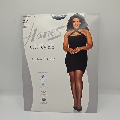 Hanes HSP001 Curves Ultra Sheer Plus Size Control Top Pantyhose Black 1X/2X