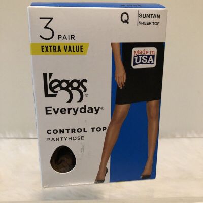 Leggs Everyday Control Top Pantyhose 3 Pair Pack Size Q Suntan Large 145-200 Lb