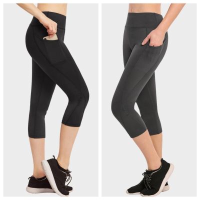 Women Capri Leggings Athletic Wear with Cell Phone Pocket Gym Yoga Workout Black