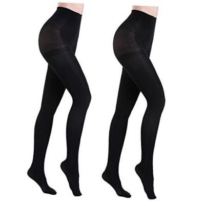 2 Pairs Semi Opaque Tights, Winter Control Top 40D Small Black+black