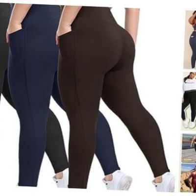 3 Pack Plus Size Leggings with Pockets for XX-Large Plus Black/Navy Blue/Brown